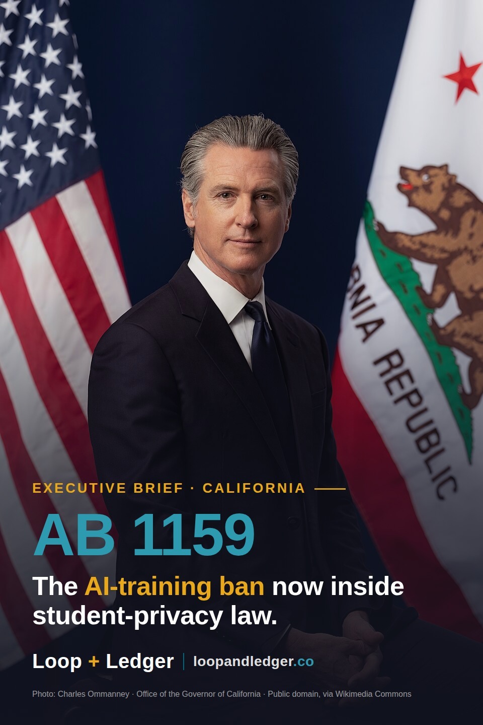 Governor Gavin Newsom, who signed California's AB 1159, standing between the U.S. and California flags, with an overlaid Loop + Ledger Executive Brief title: "AB 1159 — the AI-training ban now inside student-privacy law."